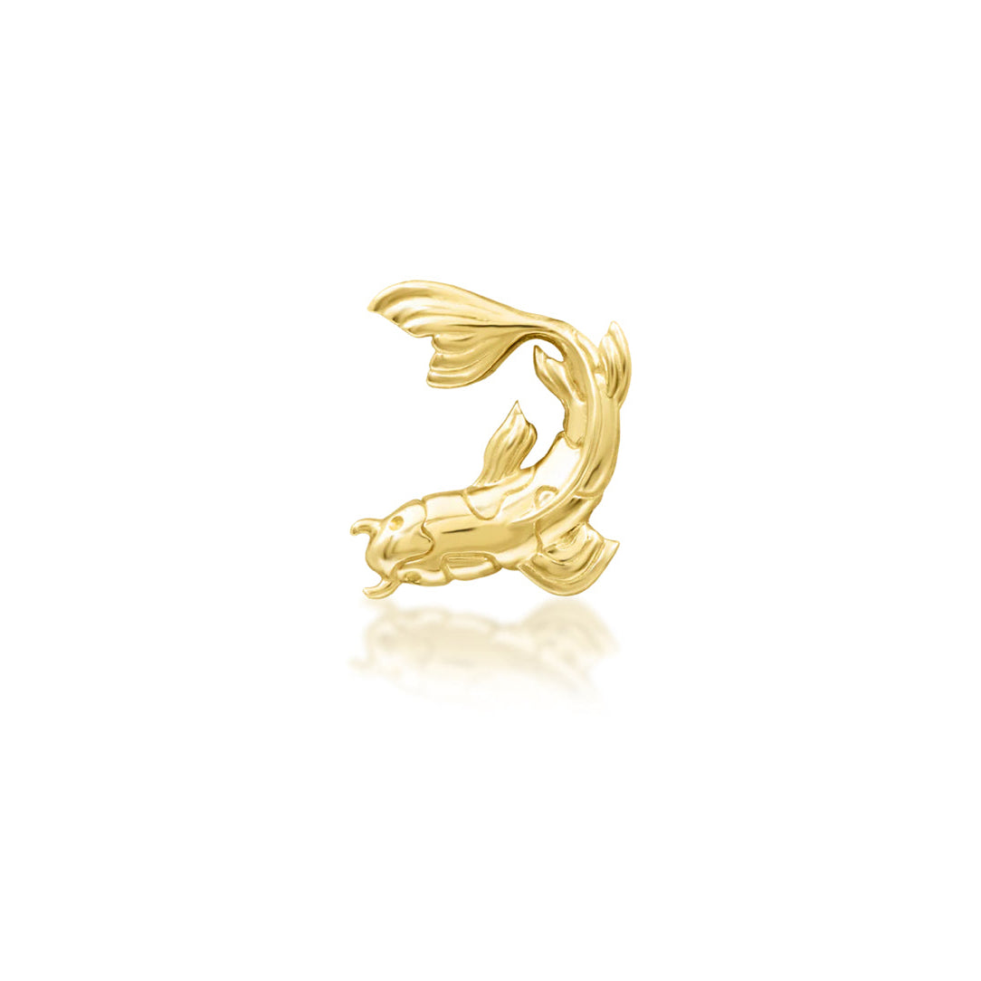 Front view of Junipurr Jewellery Carp E Diem koi fish threadless decorative end in 14k yellow gold