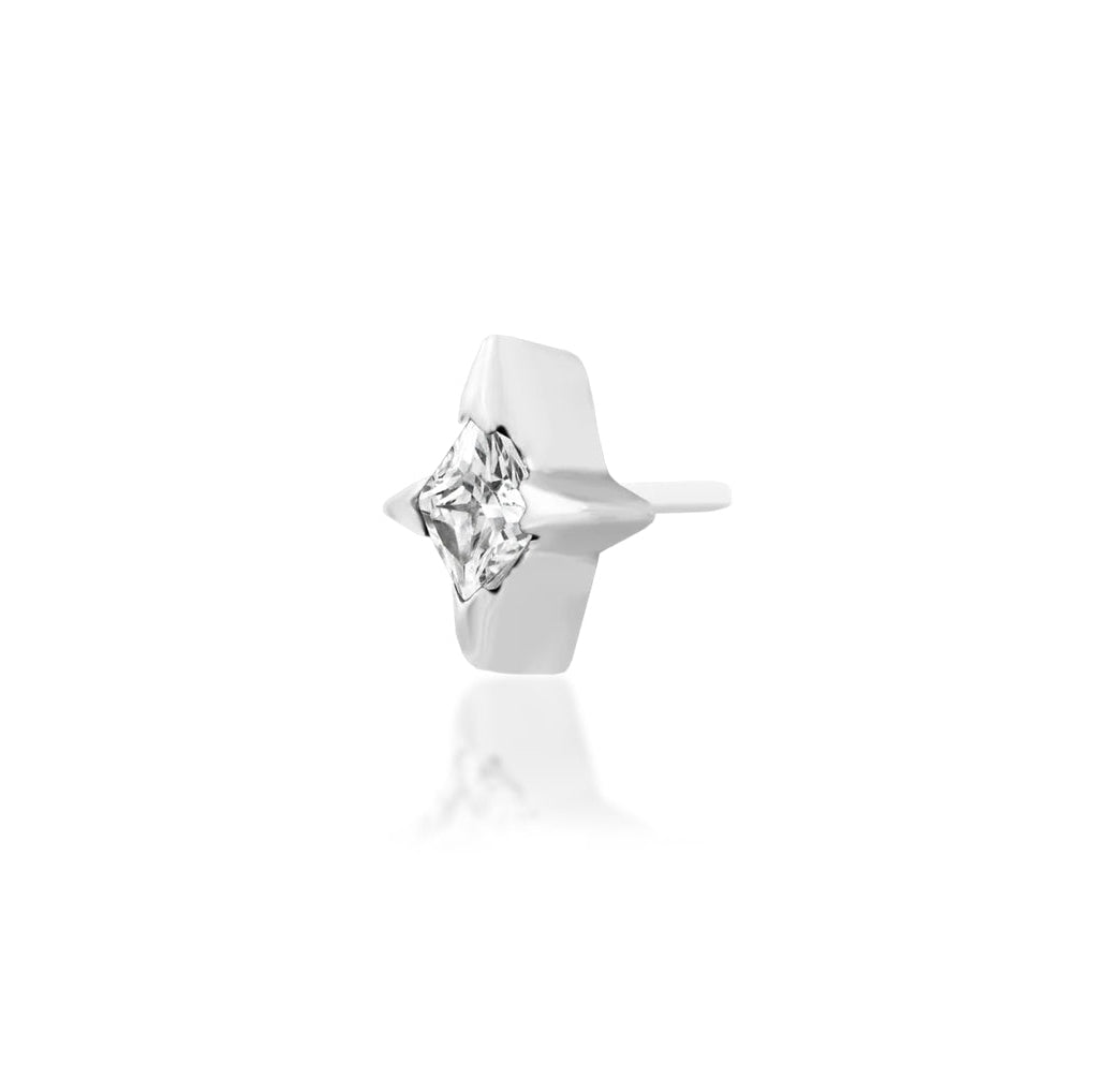 Angled view of Junipurr Jewellery Corvin white cubic zirconia threadless decorative end in white gold
