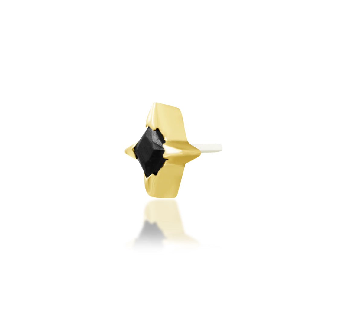 Angled view of Junipurr Jewellery Corvin black cubic zirconia threadless decorative end in yellow gold
