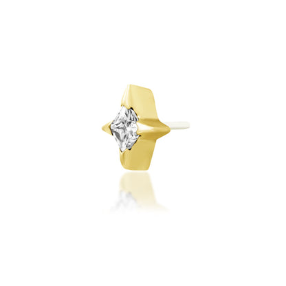 Angled view of Junipurr Jewellery Corvin white cubic zirconia threadless decorative end in yellow gold