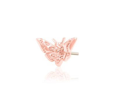 Angled view of Junipurr Jewellery Death Head Moth rose gold threadless decorative end
