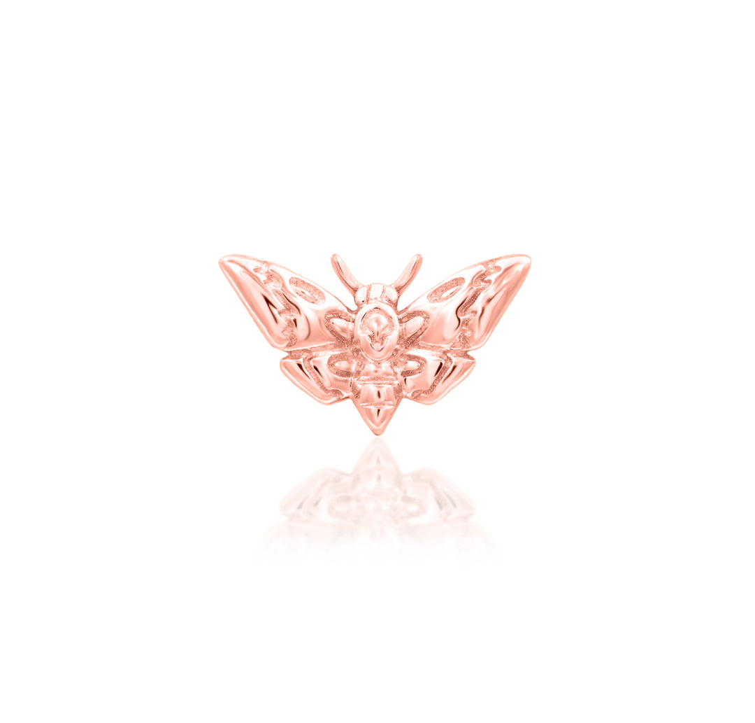 Front view of Junipurr Jewellery Death Head Moth threadless decorative end in 14k rose gold measuring 7.2mm x 4.2mm