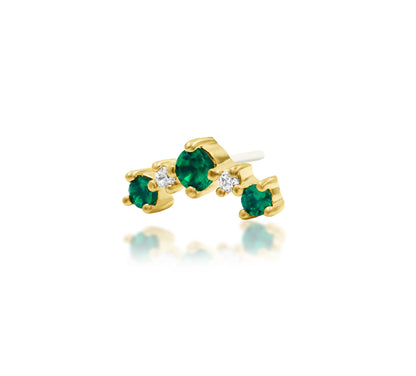 Off front angled view of Junipurr Jewellery Deaver threadless end showing elongated emerald green CZ gemstone arrangement
