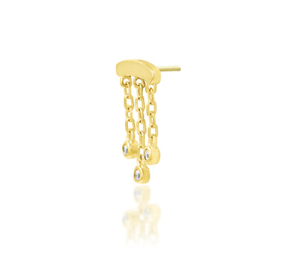 Angled view of Junipurr Jewellery Delilah yellow gold threadless decorative end with three cubic zirconia gemstones
