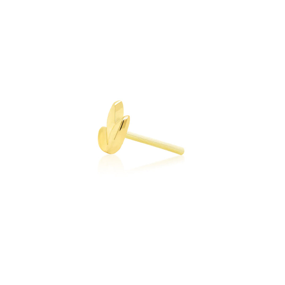 Side profile of Junipurr Jewellery Dr Bloom threadless decorative end in 14k yellow gold flower design