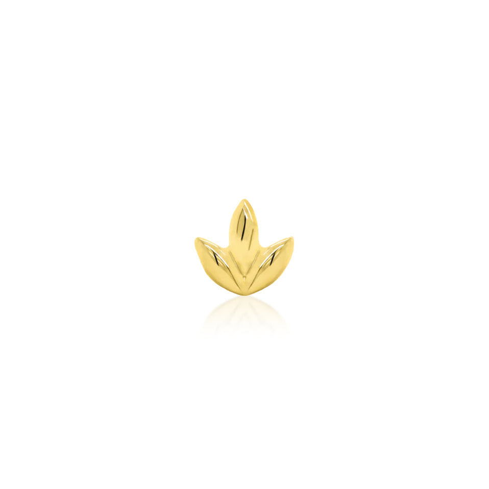 Front view of Junipurr Jewellery Dr Bloom threadless decorative end in 14k yellow gold floral design measuring 3.90mm x 3.70mm