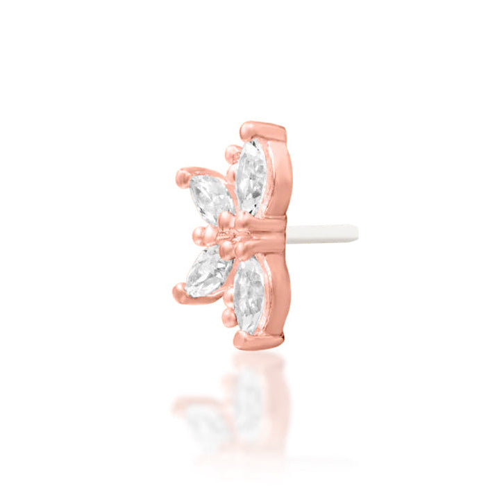 Off front angled view of the Junipurr Jewellery Drama in rose gold highlighting warm tones and white cubic zirconia sparkle.