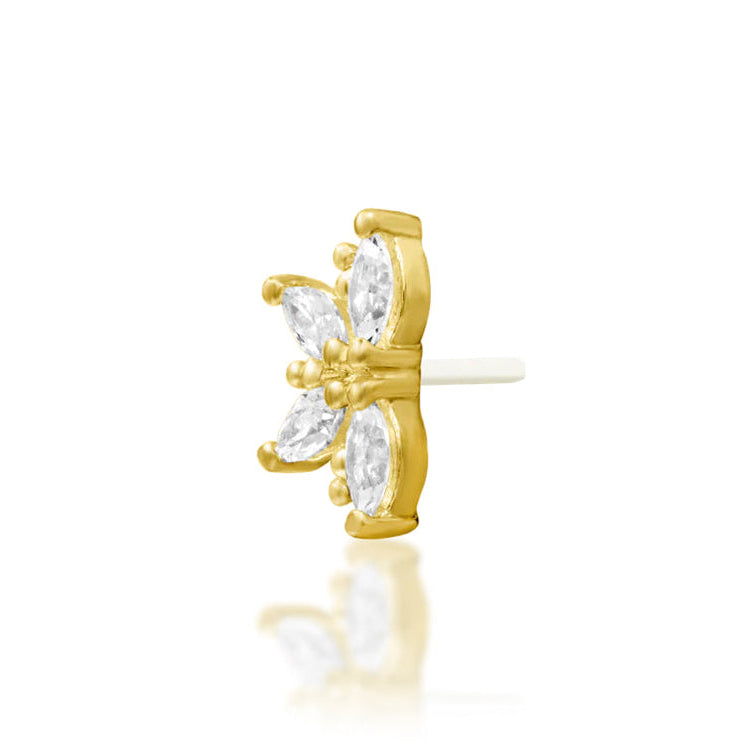 Off front angled view of the Junipurr Jewellery Drama in yellow gold highlighting elongated white CZ stone detailing.