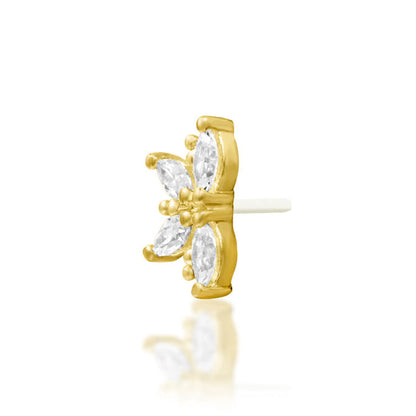 Off front angled view of the Junipurr Jewellery Drama in yellow gold highlighting elongated white CZ stone detailing.