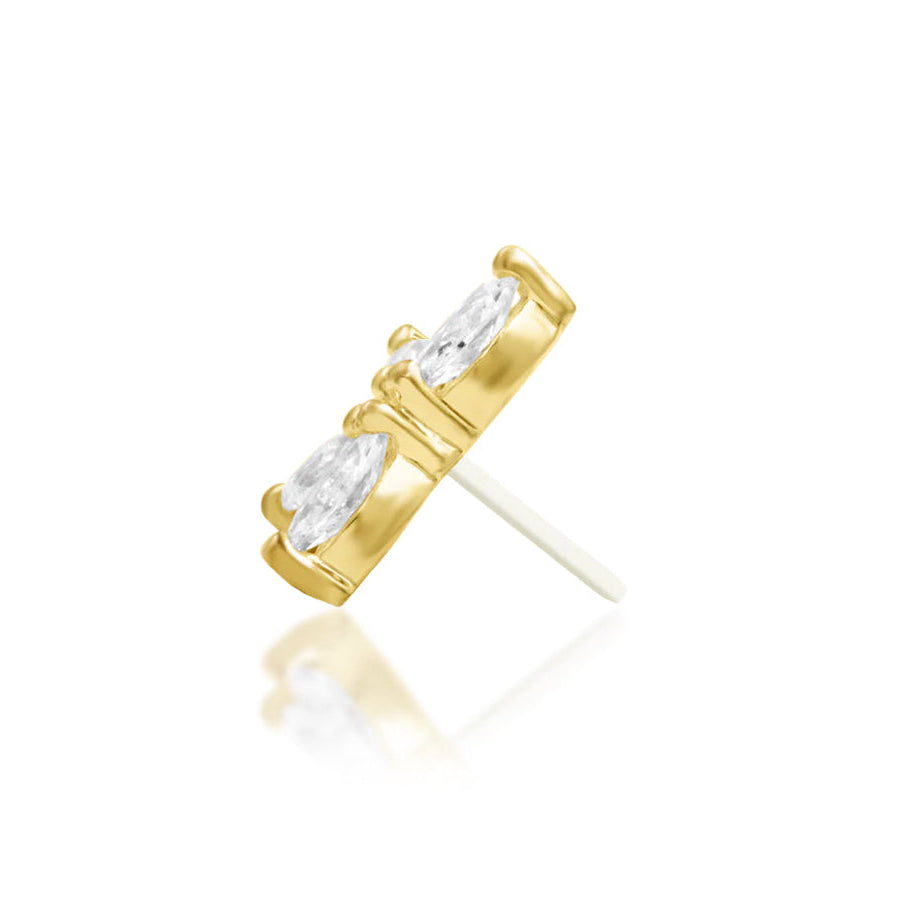 Side profile of the Junipurr Jewellery Drama threadless decorative end in 14k yellow gold designed for comfortable wear.