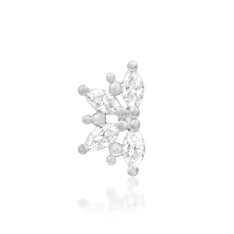 Front view of the Junipurr Jewellery Drama threadless end in 14k white gold set with white cubic zirconia stones.