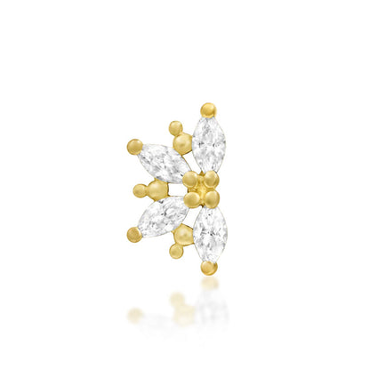 Front view of the Junipurr Jewellery Drama threadless end in 14k yellow gold featuring four white cubic zirconia stones.