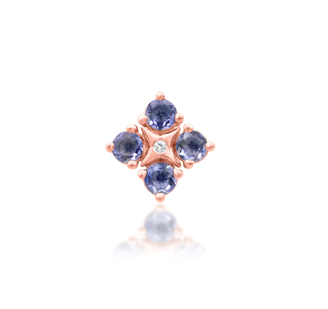 Front view of the Junipurr Jewellery EME in 14k rose gold, featuring warm tones with four round white CZ and one central cubic zirconia.
