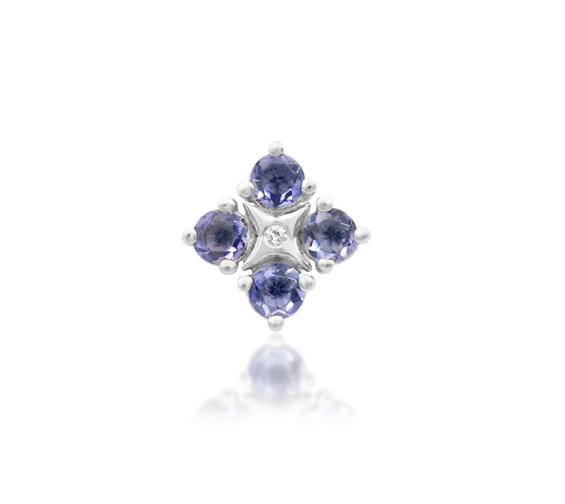 Full side profile of the Junipurr Jewellery EME in 14k yellow gold, designed for comfortable threadless wear with white cubic zirconia stones.
