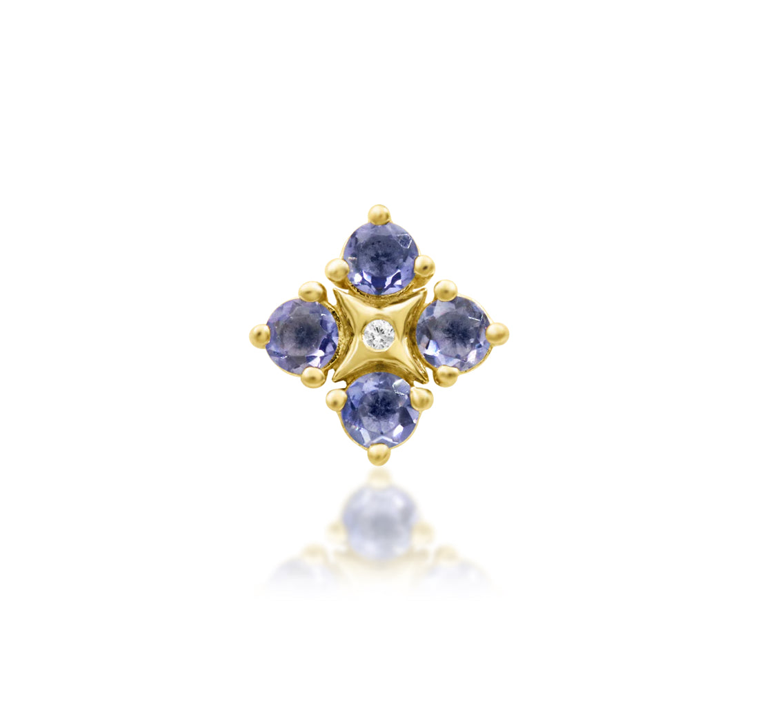 Front view of the Junipurr Jewellery EME threadless end in 14k yellow gold, featuring four round white cubic zirconia surrounding a central CZ.