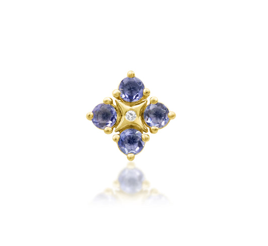 Front view of the Junipurr Jewellery EME threadless end in 14k yellow gold, featuring four round white cubic zirconia surrounding a central CZ.