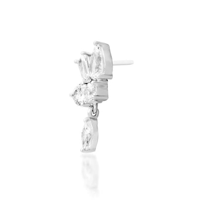 Angled perspective of Junipurr Jewellery Farah threadless end in white gold showing layered CZ stones and elongated styling

