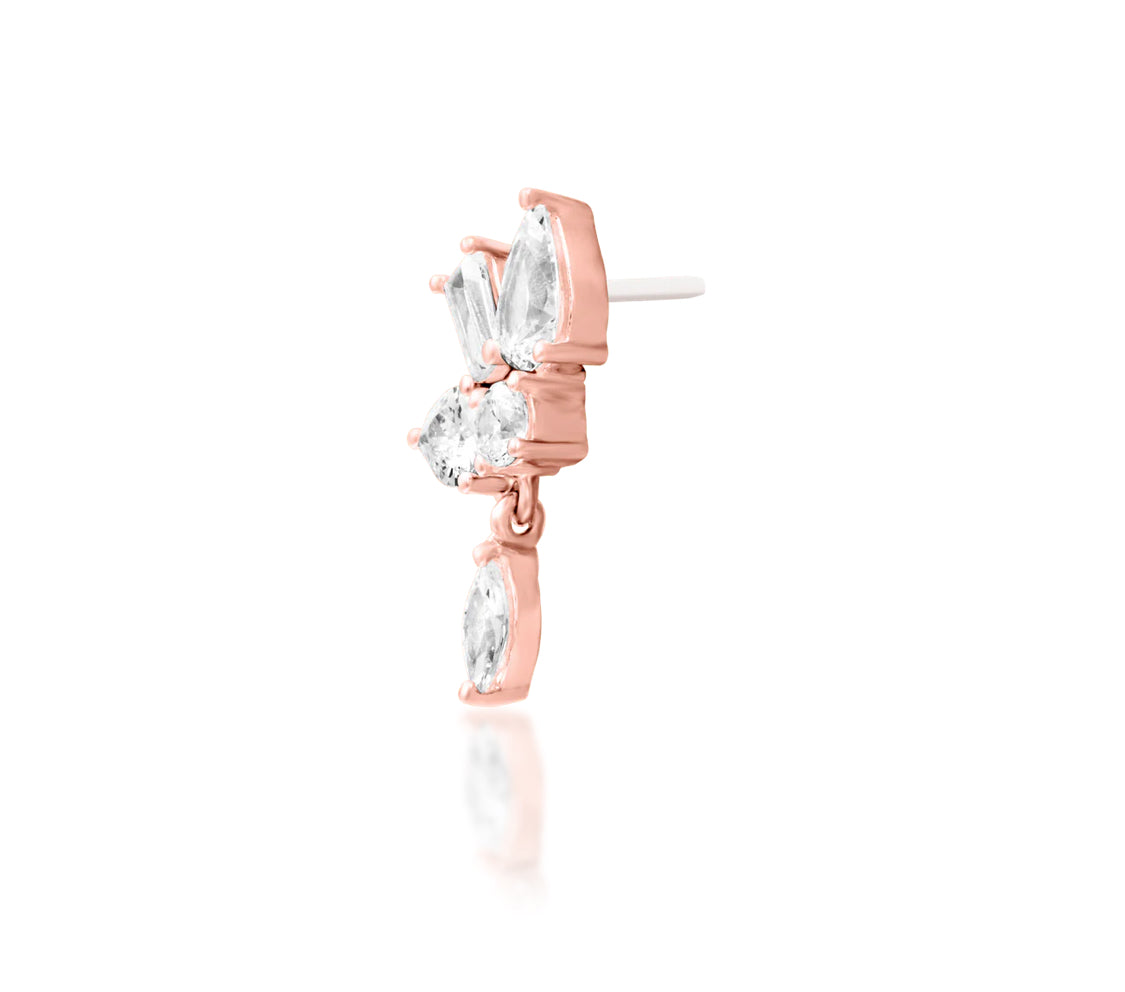 Off front angled view of Junipurr Jewellery Farah in rose gold highlighting delicate elongated CZ design