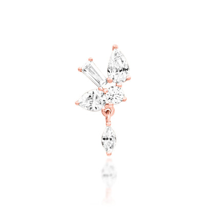 Front view of Junipurr Jewellery Farah threadless decorative end in rose gold featuring elongated cubic zirconia arrangement