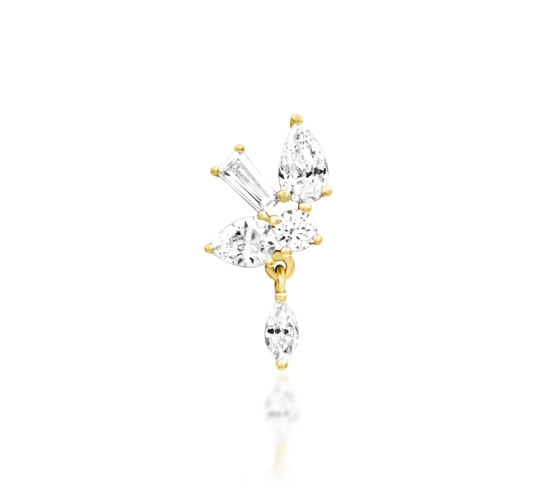 Front view of Junipurr Jewellery Farah threadless decorative end in 14k yellow gold featuring elongated cubic zirconia design for helix or conch piercings
