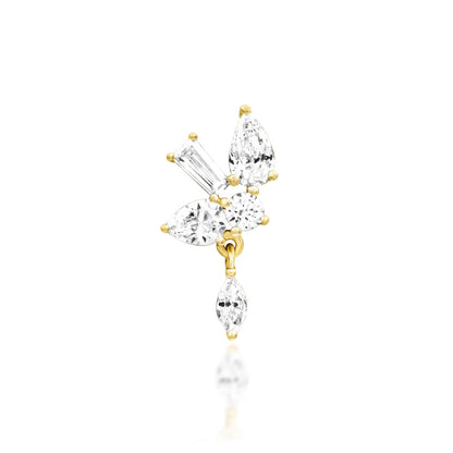 Front view of Junipurr Jewellery Farah threadless decorative end in 14k yellow gold featuring elongated cubic zirconia design for helix or conch piercings
