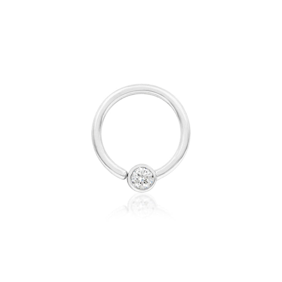 Front view of Junipurr Jewellery fixed CZ ring in 14k white gold