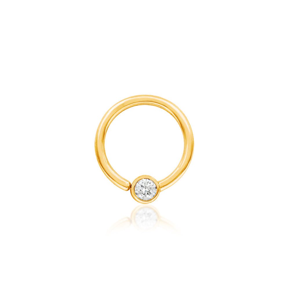 Front view of Junipurr Jewellery fixed CZ ring in 14k yellow gold