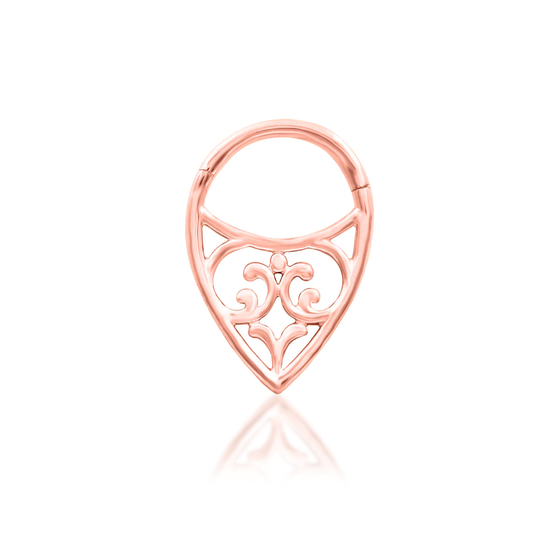 Front view of the Junipurr Jewellery Georgia threadless end in 14k rose gold, offering warmth with refined elegance.