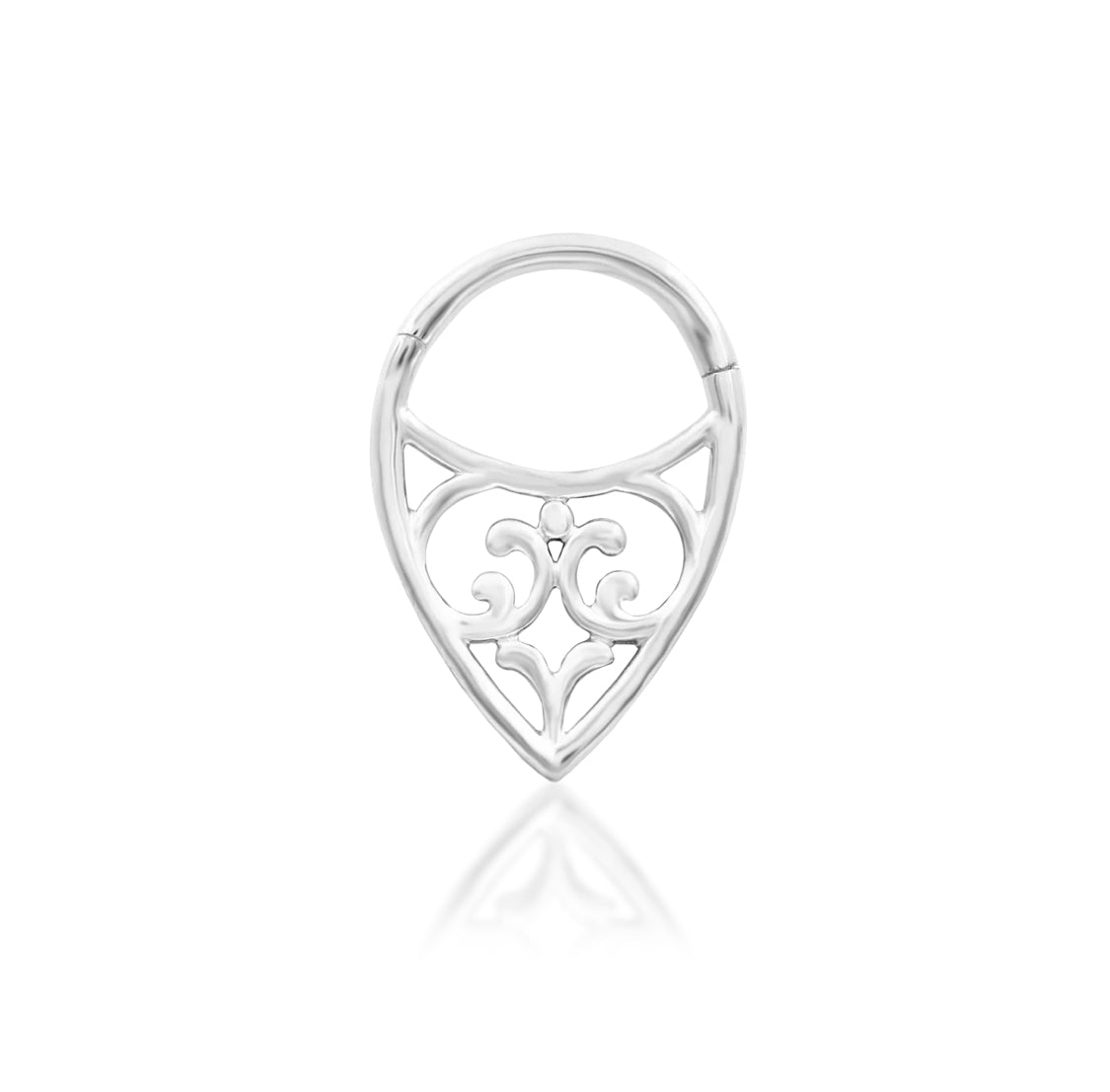 Front-facing view of the Junipurr Jewellery Georgia threadless body jewellery in 14k white gold with a crisp, luminous finish.