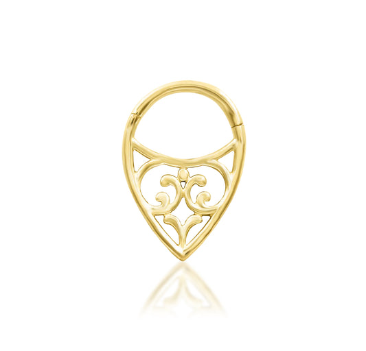 Front view of the Junipurr Jewellery Georgia threadless end in 14k yellow gold, showcasing its refined and balanced design.
