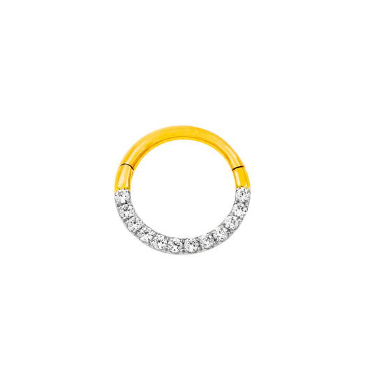 Front view of Junipurr Jewellery gold CZ halo clicker in 14k yellow gold with pavé cubic zirconia