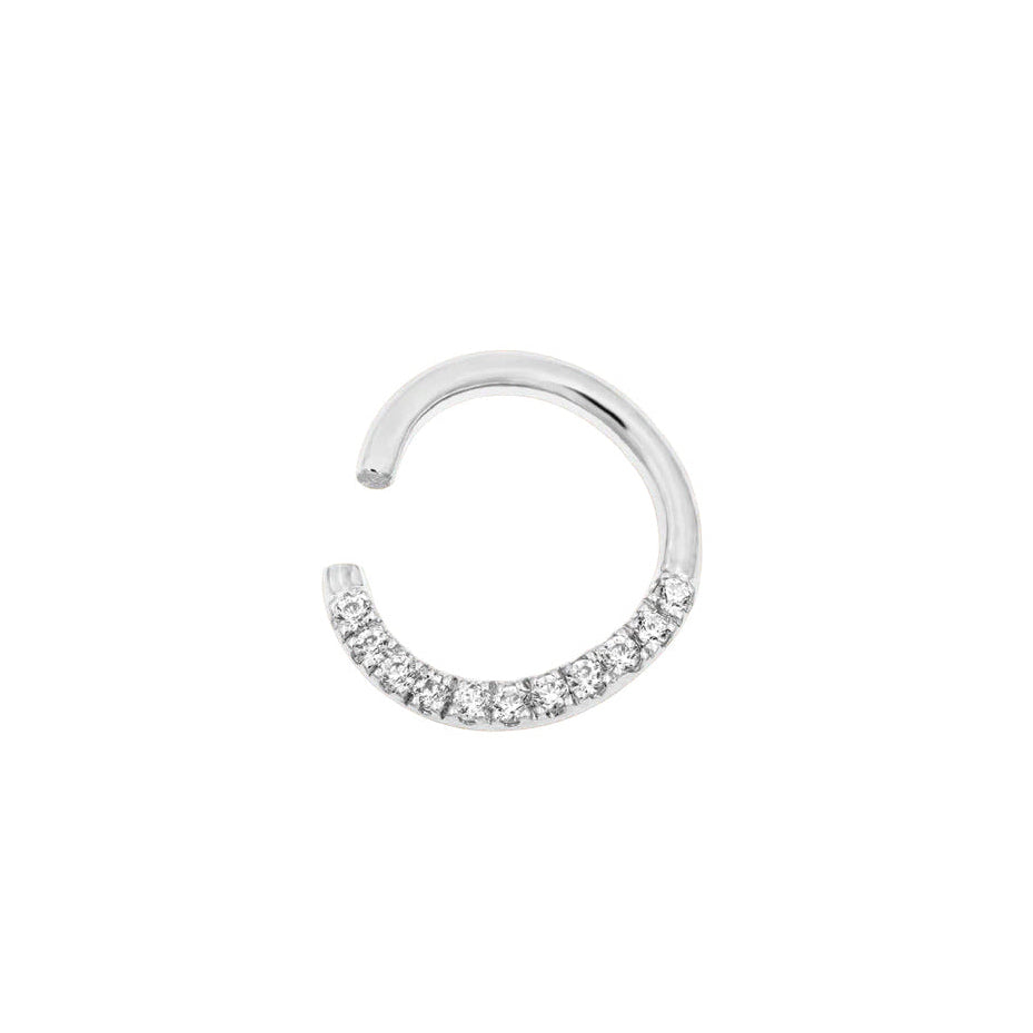 Angled view of Junipurr Jewellery white gold seam ring with cubic zirconia