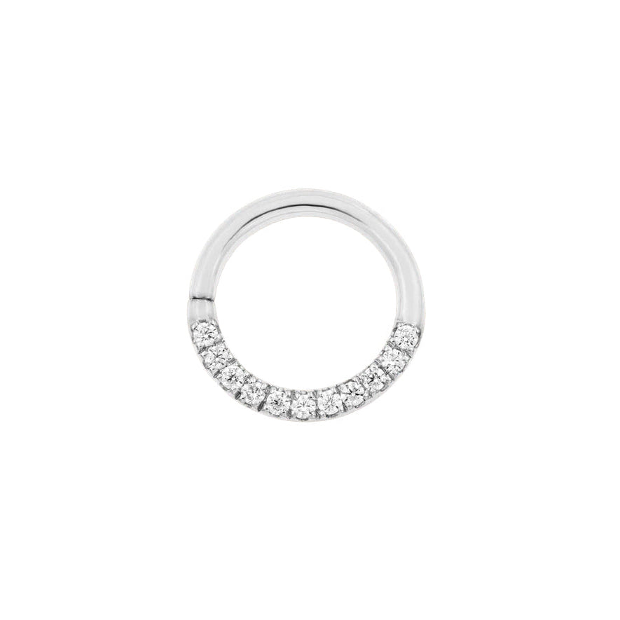 Front view of Junipurr Jewellery gold CZ halo seam ring in 14k white gold with pavé cubic zirconia