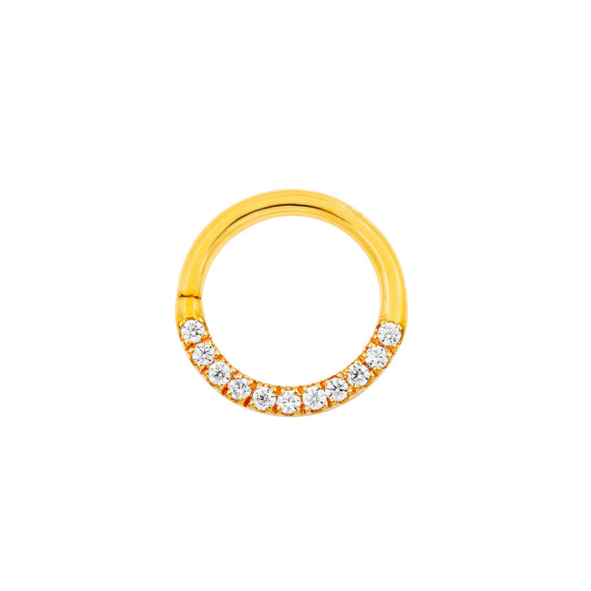Front view of Junipurr Jewellery gold CZ halo seam ring in 14k yellow gold with pavé cubic zirconia
