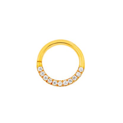 Front view of Junipurr Jewellery gold CZ halo seam ring in 14k yellow gold with pavé cubic zirconia
