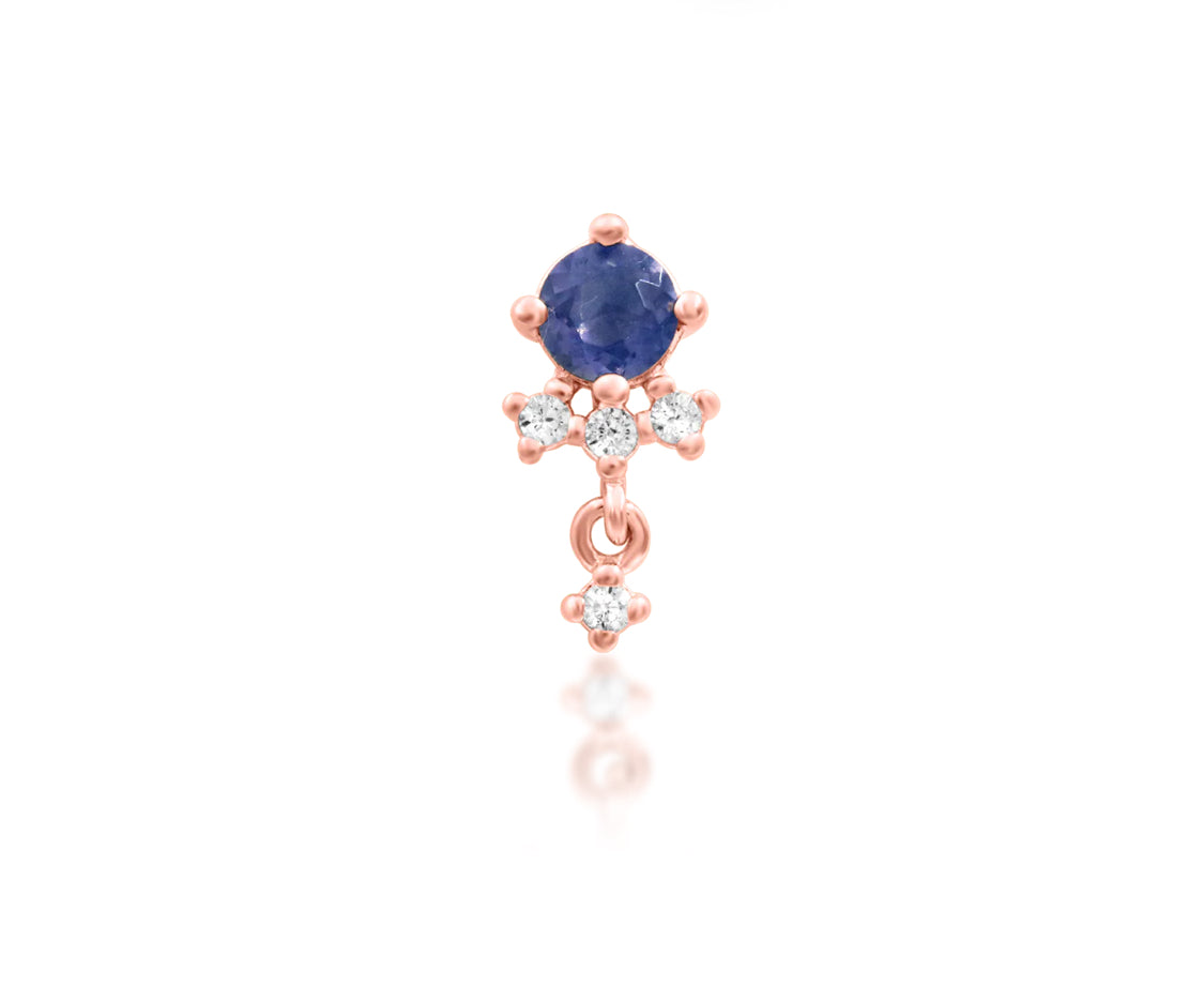 Front view of the Junipurr Jewellery Greta threadless dangle charm in 14k rose gold with iolite centre stone.
