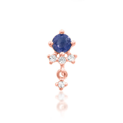 Front view of the Junipurr Jewellery Greta threadless dangle charm in 14k rose gold with iolite centre stone.