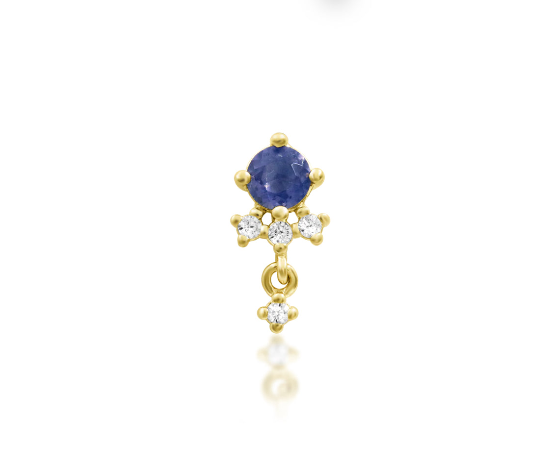 Front view of the Junipurr Jewellery Greta threadless dangle charm in 14k yellow gold, featuring a central iolite gemstone with cubic zirconia detailing.
