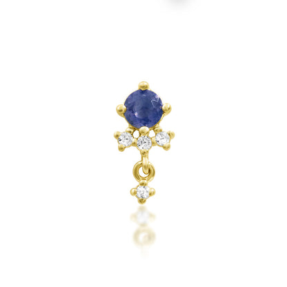 Front view of the Junipurr Jewellery Greta threadless dangle charm in 14k yellow gold, featuring a central iolite gemstone with cubic zirconia detailing.
