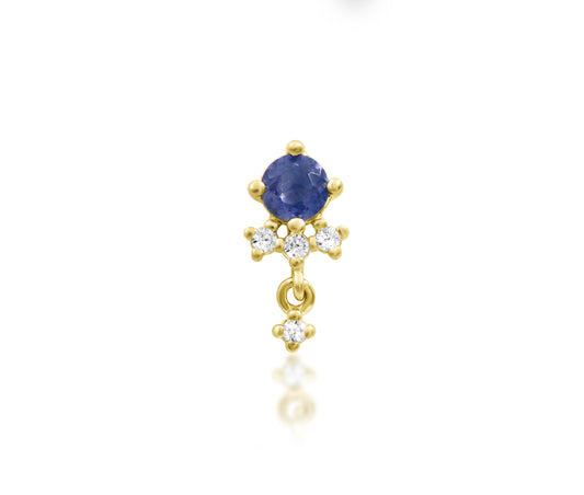 Front view of the Junipurr Jewellery Greta threadless dangle charm in 14k yellow gold, featuring a central iolite gemstone with cubic zirconia detailing.
