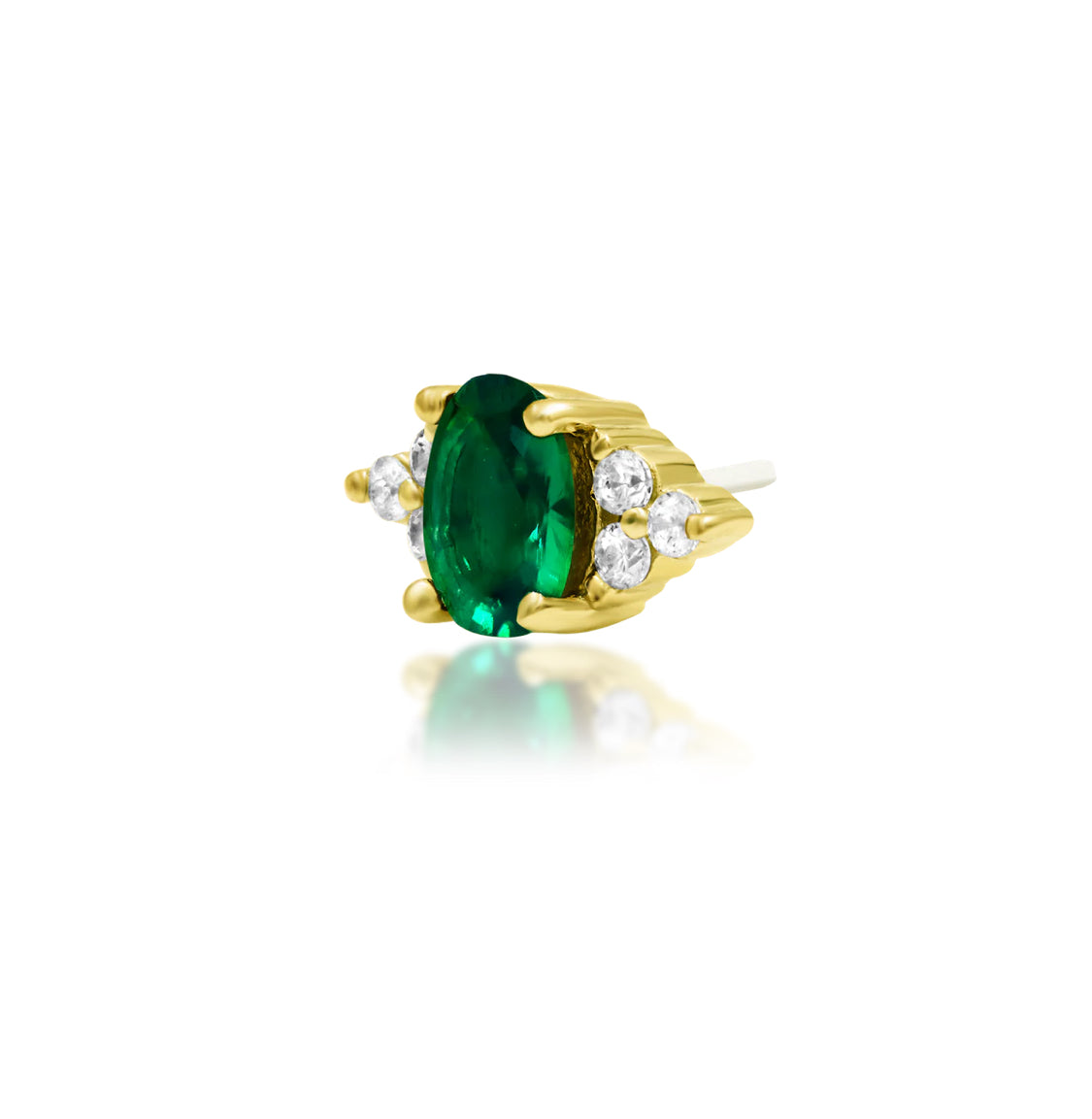 Off front angled view of the Junipurr Jewellery Harial in yellow gold highlighting emerald green and white CZ detailing.
