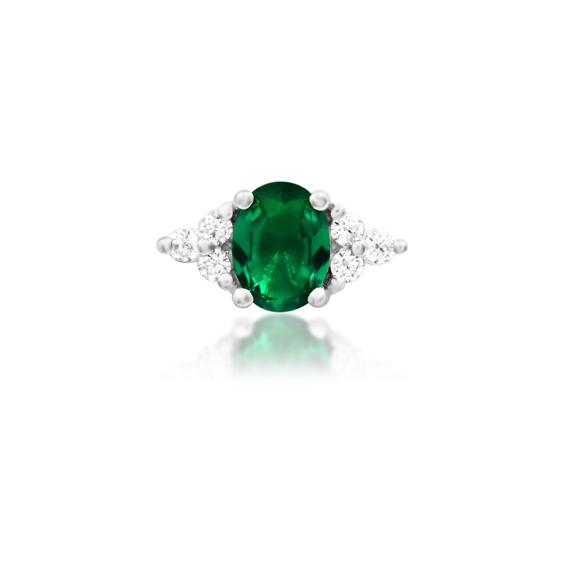 Front view of the Junipurr Jewellery Harial threadless decorative end in 14k white gold with emerald green cubic zirconia.

