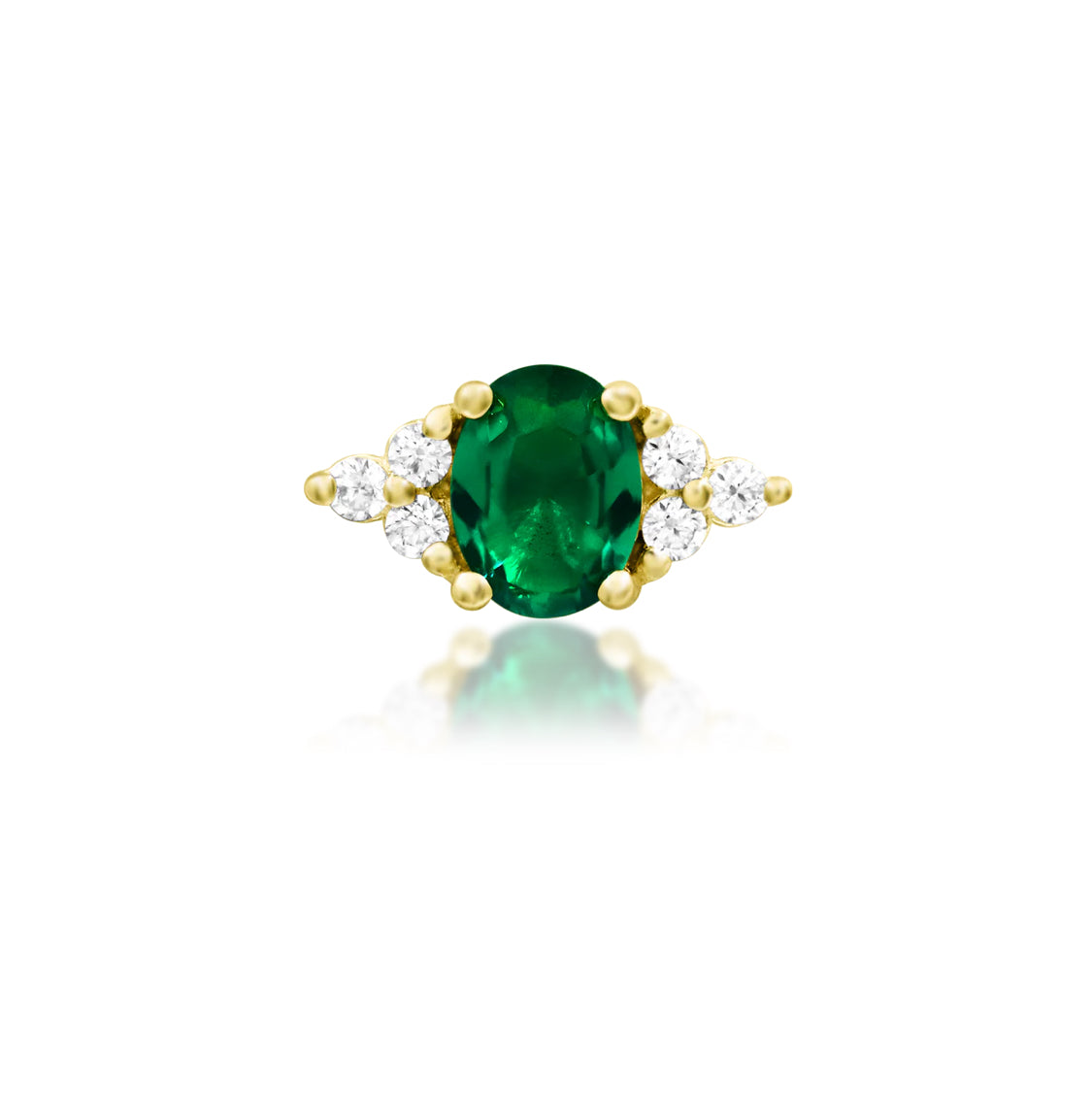 Front view of the Junipurr Jewellery Harial threadless decorative end in 14k yellow gold with emerald green cubic zirconia.
