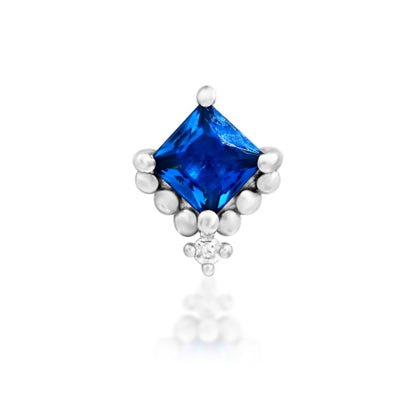 Front view of Junipurr Jewellery Hesper in 14k white gold featuring sapphire blue and white cubic zirconia