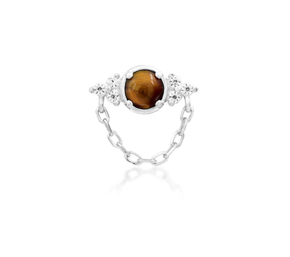 Side profile of Junipurr Jewellery Hobbs tiger eye and cubic zirconia threadless decorative end in yellow gold