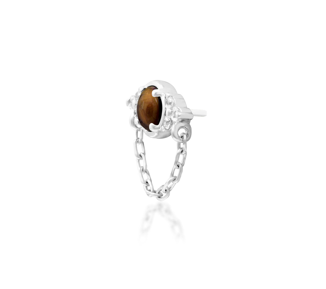 Front view of Junipurr Jewellery Hobbs threadless decorative end in 14k white gold with natural tiger eye and cubic zirconia