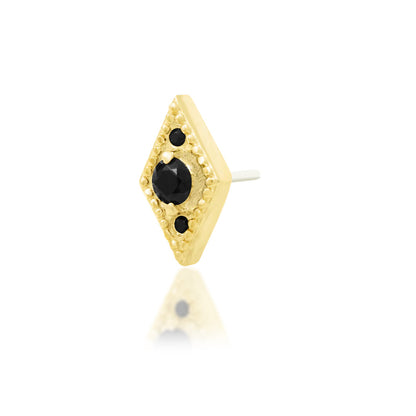Angled view of Junipurr Jewellery Isadora black cubic zirconia threadless decorative end in yellow gold