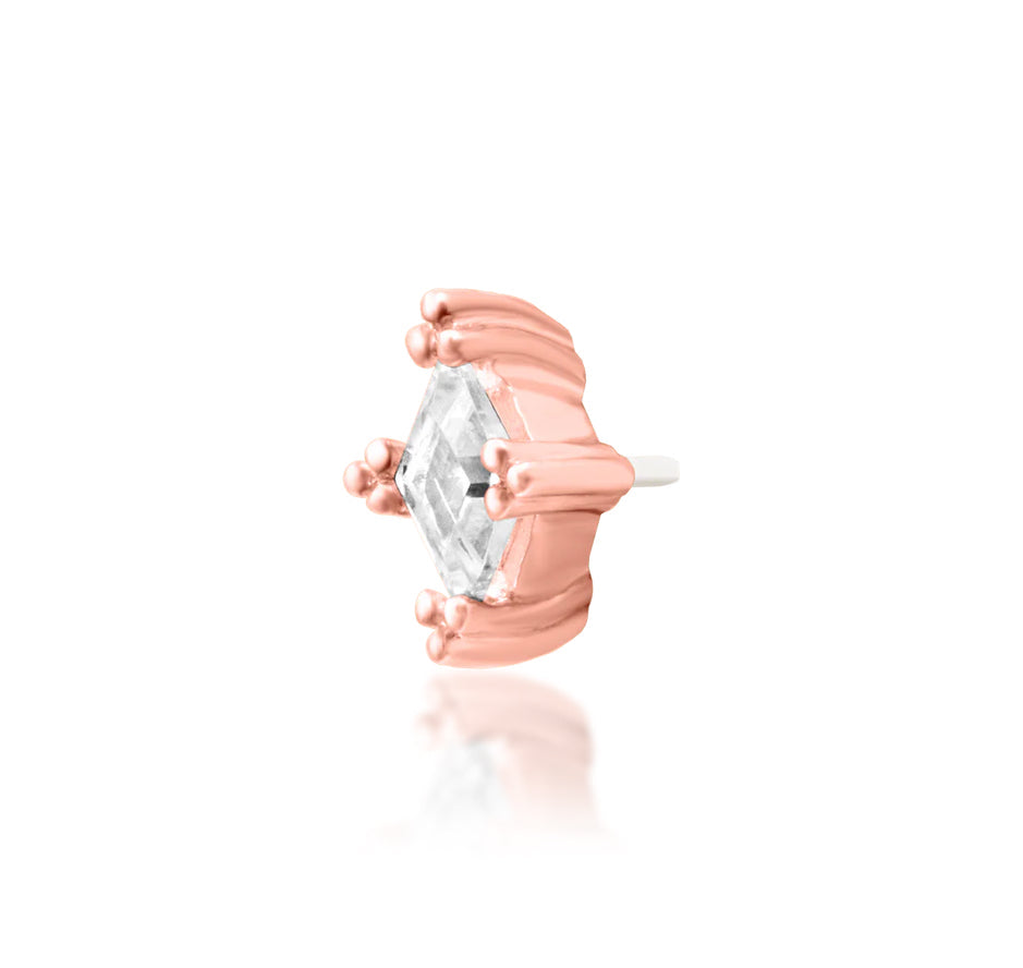 Off front angled view of the Junipurr Jewellery Jester in rose gold showing warm tones and refined sparkle.

