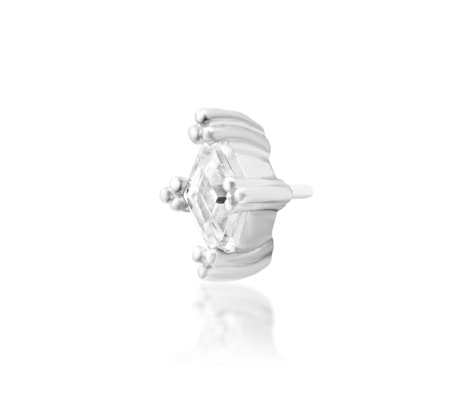 Off front angled view of the Junipurr Jewellery Jester in white gold highlighting its playful design and cubic zirconia detail.
