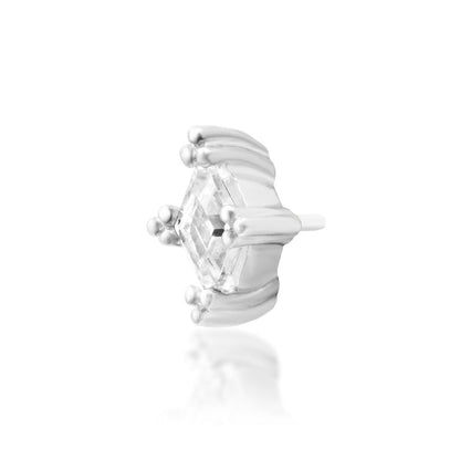 Off front angled view of the Junipurr Jewellery Jester in white gold highlighting its playful design and cubic zirconia detail.
